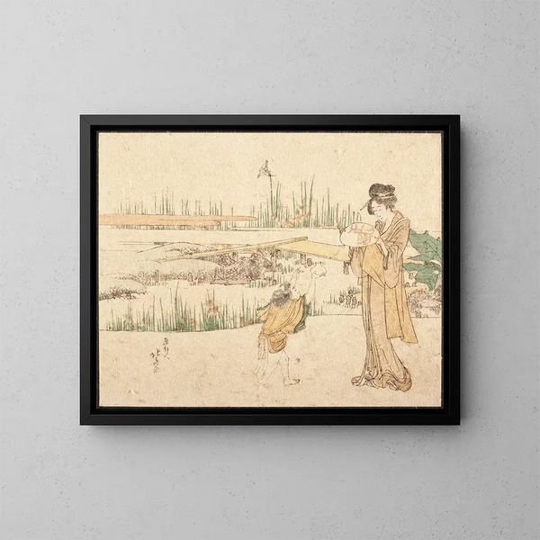 Nainen ja lapsi puutarhassa, osa Kalastajan punaisia kaloja - Katsushika Hokusai — kehystetty taideteos seinällä