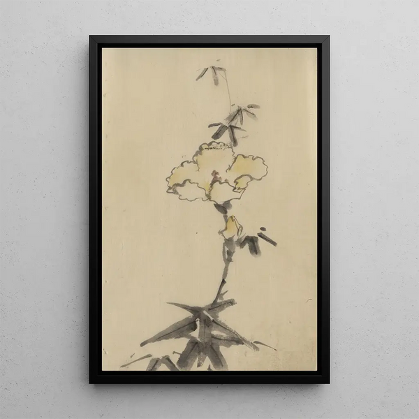 Katsushika Hokusai - Yellow blossom with bud on a stalk above leaves.webp