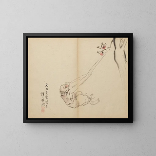 Les bras longs saisissant des fruits - Kawanabe Kyōsai — kehystetty taideteos seinällä