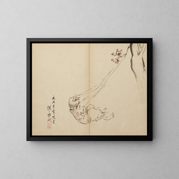 Les bras longs saisissant des fruits - Kawanabe Kyōsai — kehystetty taideteos seinällä