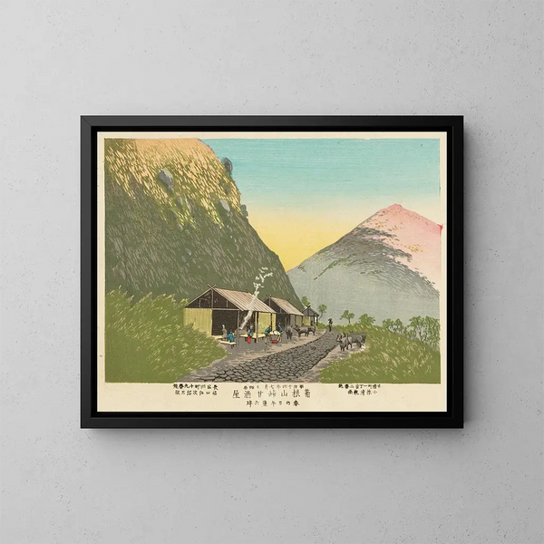 Maison de saké sucré au pied du mont Hakone, 18h00 un jour de printemps - Kobayashi Kiyochika — kehystetty taideteos seinällä
