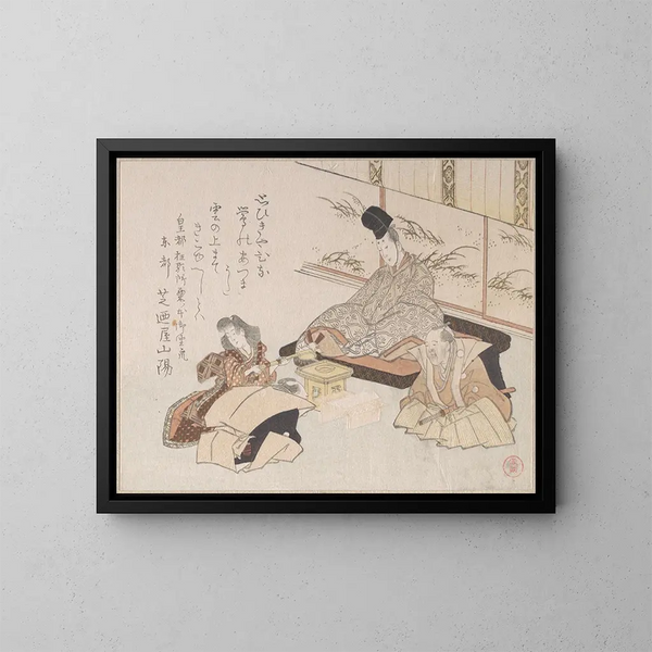 Noble vastaanottaa humoristisen kyōka-runon Shibanoya Sanyōlta, kyōka-mestari - Kubo Shunman — kehystetty taideteos seinällä