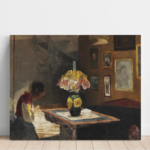 Maalauksen jäljennös L:n taiteilijan vaimo Sigrid ompelee lamppunsa valossa - Laurits Andersen Ring