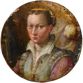 Lavinia Fontana - Portrait of a young woman bustlength in a green dress with pink sleeves.webp