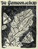 Conception de la couverture de De Gemeenschap avec une représentation de papillons volant autour de feuilles et de fleurs - Leo Gestel — näkymä teoksesta