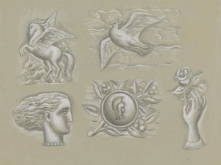 Conceptions pour un filigrane de billet de banque: Pégase, colombe, tête de femme, blason et main avec rose - Leo Gestel — näkymä teoksesta