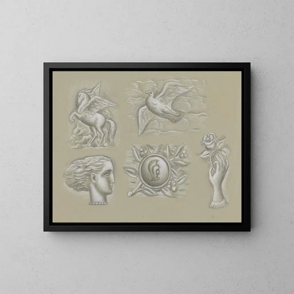 Conceptions pour un filigrane de billet de banque: Pégase, colombe, tête de femme, blason et main avec rose - Leo Gestel — kehystetty taideteos seinällä