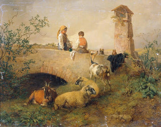 Leopold Brunner the younger - Knabe und Mdchen mit Schafen und Ziegen.webp