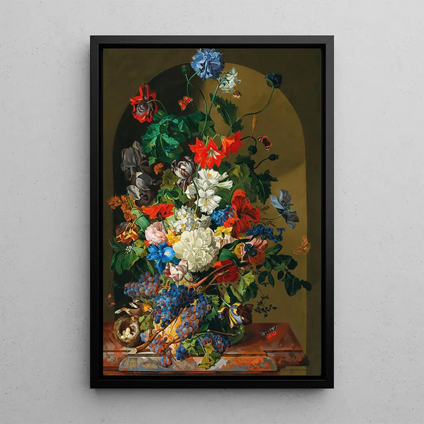 Leopold Zinngger - A large bouquet of flowers with a birds nest butterflies and grapes.webp