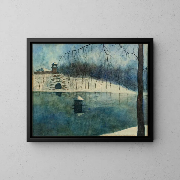 Le parc Léopold d'Ostende avec l'étang et le Trinkhall sous la neige - Léon Spilliaert — kehystetty taideteos seinällä