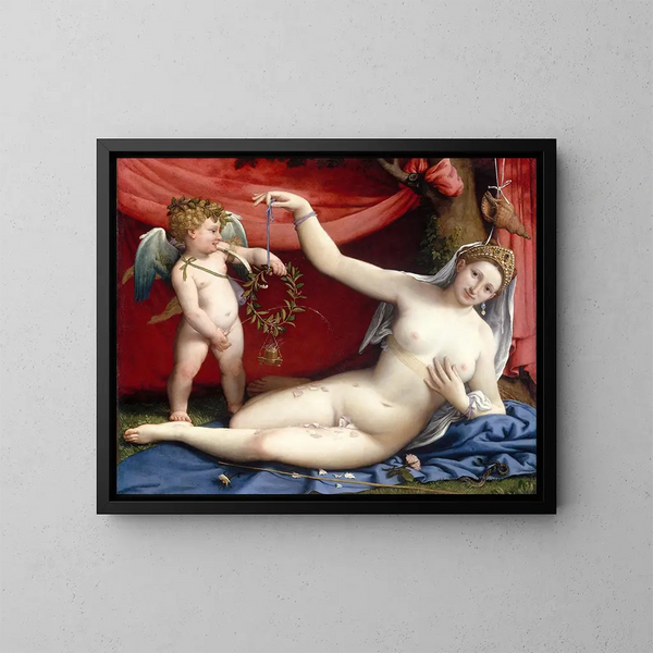 Venus ja Cupido - Lorenzo Lotto — kehystetty taideteos seinällä