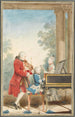Muotokuva Wolfgang Amadeus Mozart Salzbourg 1756-Vienne 1791 soittamassa Pariisissa isänsä Jean-Georg-Léopoldin ja sisarensa Maria-Anna kanssa - Louis Carrogis Carmontelle — näkymä teoksesta