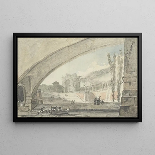 Louis Gabriel Moreau - Doorzicht onder een brug naar terrassen en een trap.webp