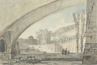 Louis Gabriel Moreau - Doorzicht onder een brug naar terrassen en een trap.webp