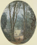 Parc landscape with large trees and a view of a staircase in the middle - Louis Gabriel Moreau — näkymä teoksesta