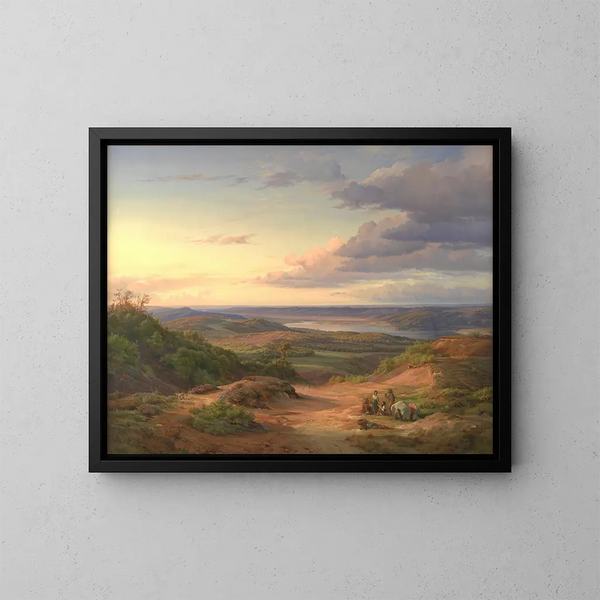 Maisema Himmelbjergetin lähellä, Jyllannissa. Etualalla on romani-perhe. - Louis Gurlitt — kehystetty taideteos seinällä