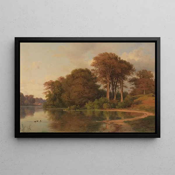 Kesämaisema järven rannalla - Louis Gurlitt — kehystetty taideteos seinällä