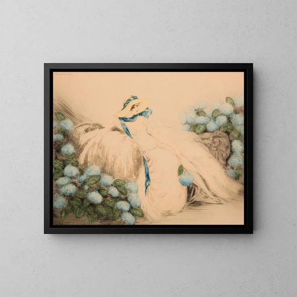 Dame aux fleurs bleues - Louis Icart — kehystetty taideteos seinällä