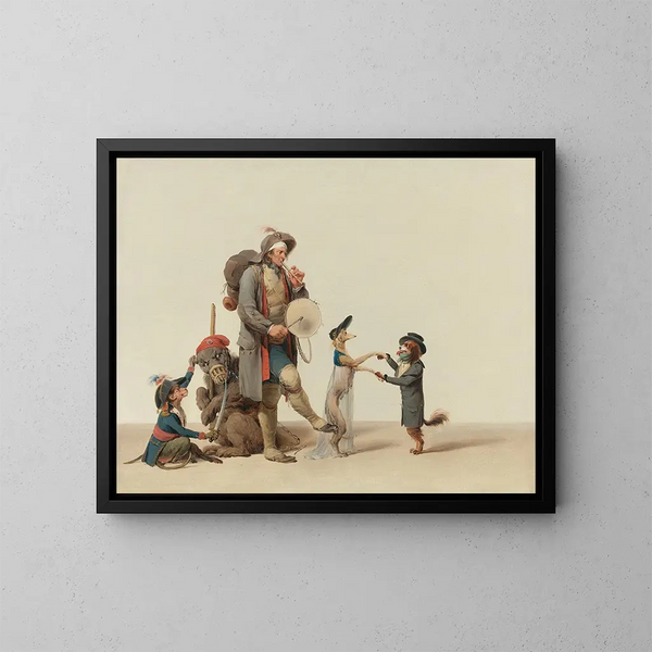 La pièce curieuse: un dresseur d'animaux avec des chiens dansants, un ours ja jaa, ja apina - Louis Léopold Boilly — kehystetty taideteos seinällä