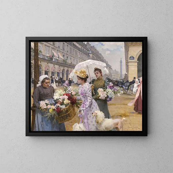 La marchande de fleurs, rue de Rivoli - Louis Marie de Schryver — kehystetty taideteos seinällä