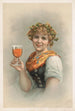 Naisen rintakuva, jossa on humala- ja ohrankruunu ja joka pitää olutlasia - Louis Prang — näkymä teoksesta