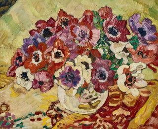 Louis Valtat - Bouquet danmones au vase  loiseau sur fond jaune.webp
