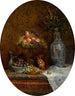 Une nature morte avec un pot de chocolat chaud, un panier de prunes, une compote contenant des raisins et des pêches, une assiette de noix, un écureuil et un vase chinois - Louise Mercier — näkymä teoksesta