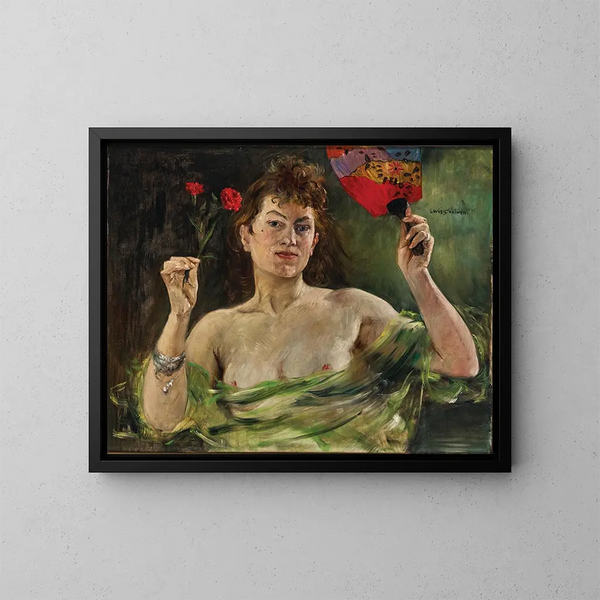 Tytär ja viuhka ja neilikoita - Lovis Corinth — kehystetty taideteos seinällä