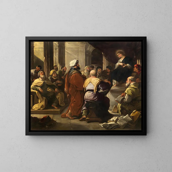 Kristus lääkäreiden joukossa - Luca Giordano — kehystetty taideteos seinällä