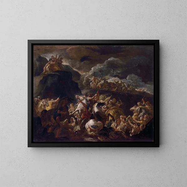 Israelin ja Amalekin taistelusta - Luca Giordano — kehystetty taideteos seinällä
