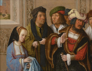 La femme de Potiphar näyttää miehelleen Joosefin takin, taustalla Joosef viedään vankilaan. - Lucas van Leyden — näkymä teoksesta