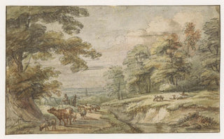 Lucas van Uden - Heuvelachtig landschap met kudde schapen en koe.webp