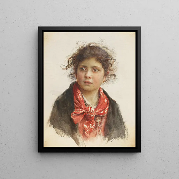 Ludwig Johann Passini - Bildnis eines scheuen Mdchens mit rotem Halstuch und zerzausten Locken.webp