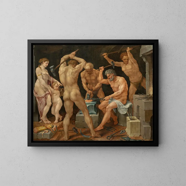 Vénus ja Rakkaus ateljeessa Vulcanuksen - Maarten van Heemskerck — kehystetty taideteos seinällä
