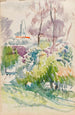 Esquisse de paysage avec buissons, arbres et tour - Magnus Enckell — näkymä teoksesta