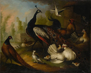 Marmaduke Cradock - An assembly of birds in a parkland setting including a Peacock hens and a duck.webp