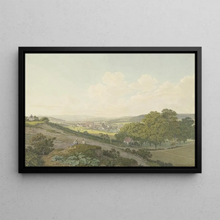 Marquard Wocher - Blick von einer Anhhe auf das Dorf St Jakob bei Basel mit spitzem Kirchturm.webp