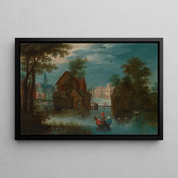 Marten Ryckaert - A river landscape with a ferry boat a church in the distance.webp