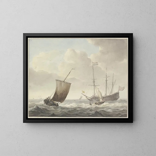 Mer agitée avec des navires, drapeau jaune avec lion doré - Martinus Schouman — kehystetty taideteos seinällä