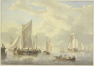 Martinus Schouman - Ruhige See mit vielen Schiffen vorne ein Boot mit drei Ruderern und einer Frau.webp