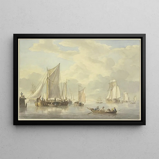 Martinus Schouman - Ruhige See mit vielen Schiffen vorne ein Boot mit drei Ruderern und einer Frau.webp