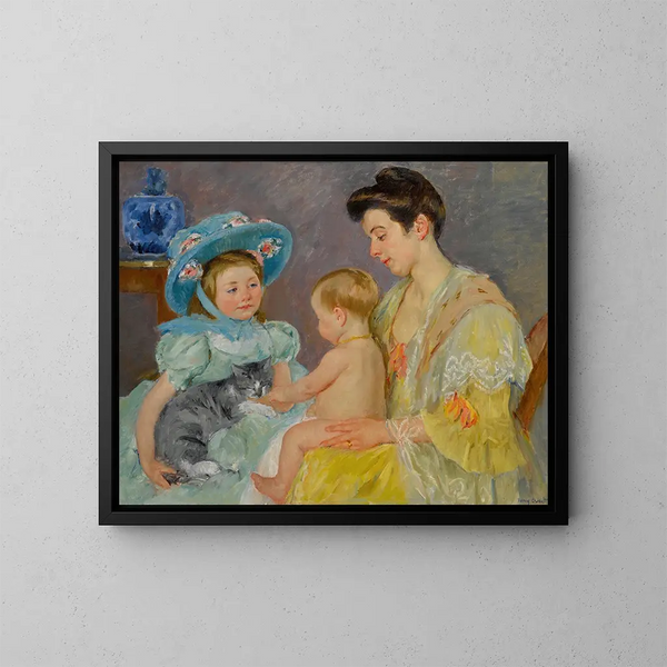 Lasten leikkivät kissan kanssa - Mary Cassatt — kehystetty taideteos seinällä