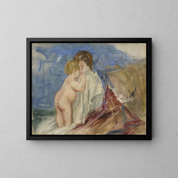 Äiti istuu ja lapsi seisoo hänen vieressään maisemassa - Mary Cassatt — kehystetty taideteos seinällä