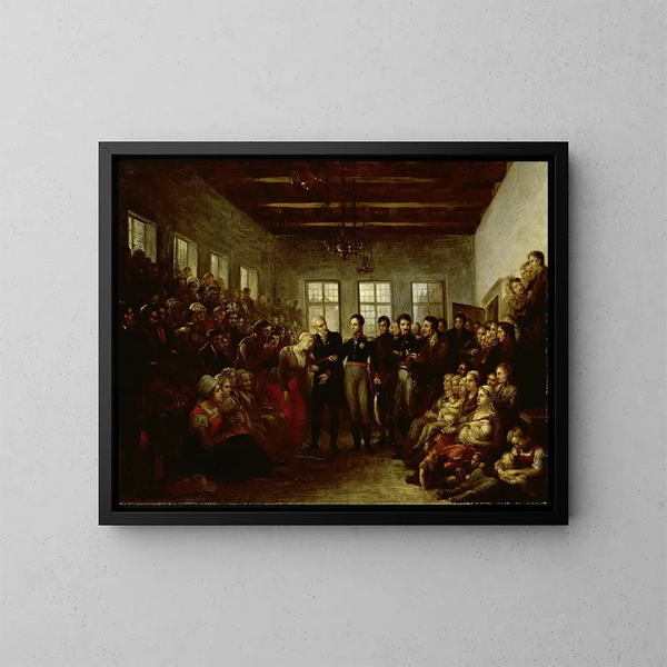 Le prince d'Orange visitant les victimes des inondations à l'orphelinat des aumôniers d'Amsterdam le 14 février 1825 - Mattheus Ignatius van Bree — kehystetty taideteos seinällä