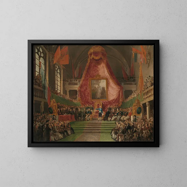 Gandan yliopiston juhlallinen avajaisseremonia Orangen prinssin toimesta kaupungintalon valtiassalissa 9. lokakuuta 1817 - Mattheus Ignatius van Bree — kehystetty taideteos seinällä