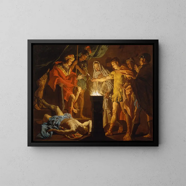 Mucius Scaevola edessä Lars Porsennasta - Matthias Stom — kehystetty taideteos seinällä