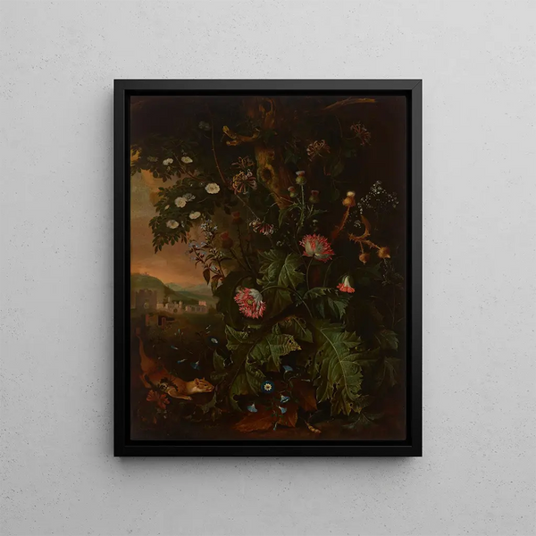 Matthias Withoos - A forest floor with a weasel mouse opium poppy and thistle a view of Rome in the background.webp