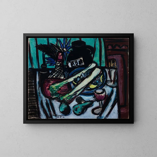 luonnonkuvaus Chianti-pullolla ja sellerillä - Max Beckmann — kehystetty taideteos seinällä