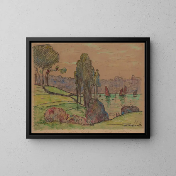 Punaiset purjeveneet Douarnenezissä - Maxime Maufra — kehystetty taideteos seinällä