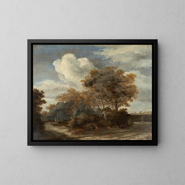 Hutte au bord de la route - Meindert Hobbema — kehystetty taideteos seinällä